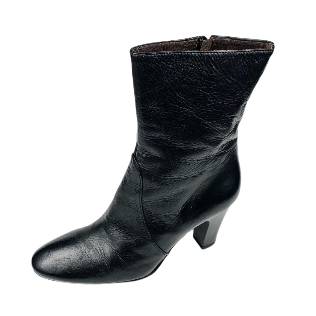 Romanian Black Leather Mid Calf Bootie Size 6.5